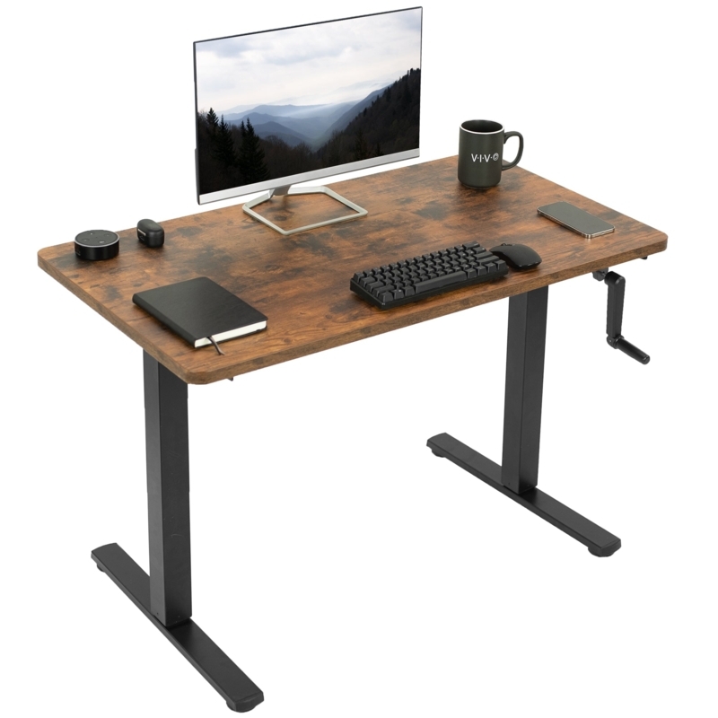 Standing Desk Wood Toned Top Manual Hand Crank T-Frame Legs