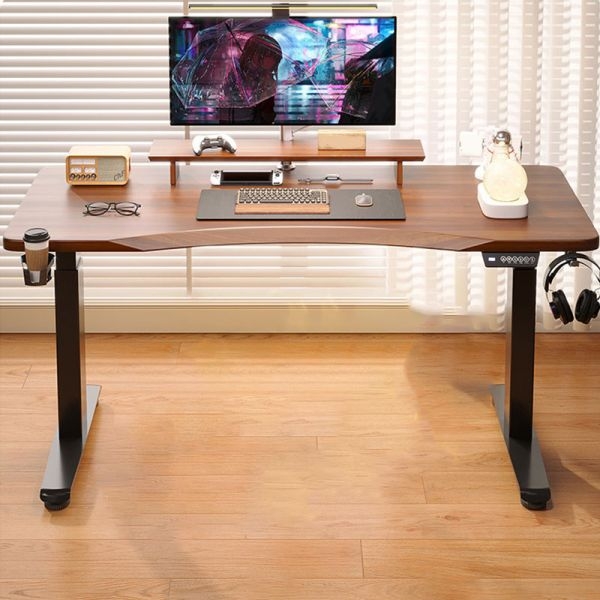 Standing Office Desk Brown Wood Top Black Frame Cord Management