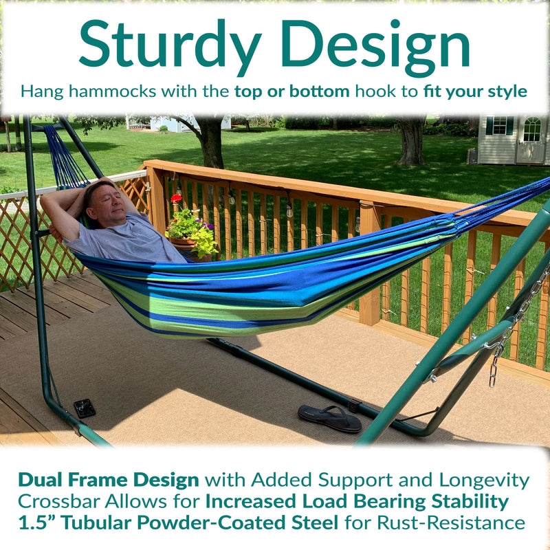 Striped Hammock, Blue & White Fabric with Metal Stand