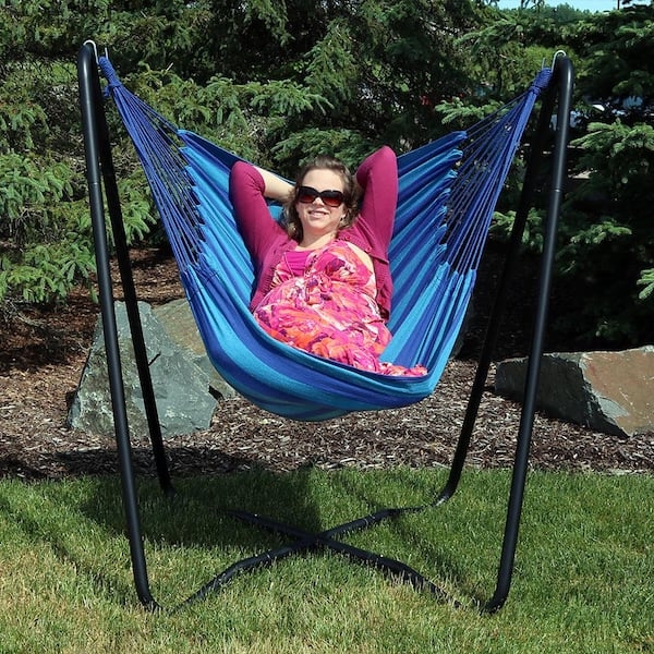 Striped Hammock Chair with C-Frame Stand, Coastal Blue and Cream Fabric