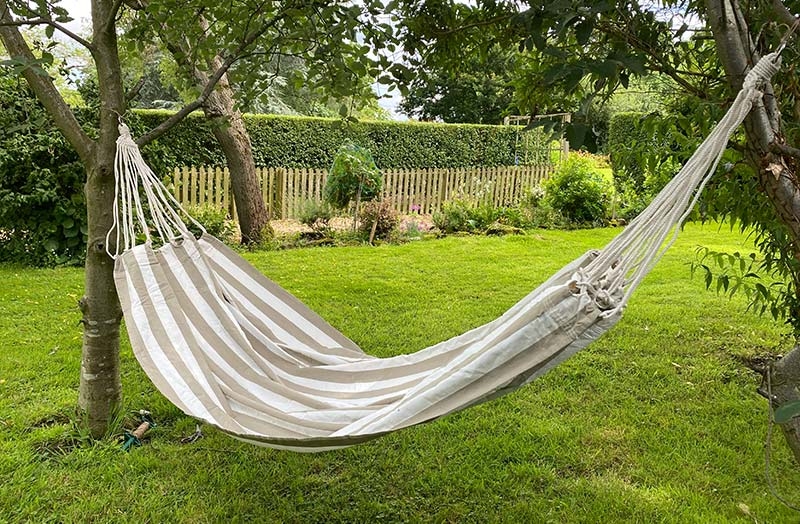 Striped Hammock with Wooden Spreader Bars for Garden Patio
