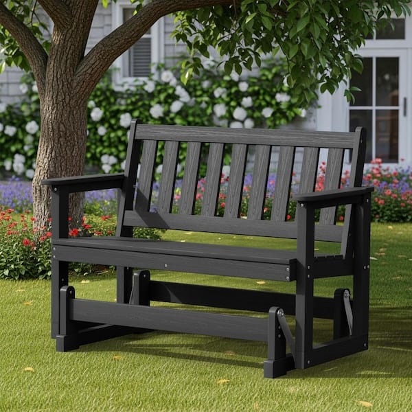 Sturdy Outdoor Glider Bench Charcoal Gray HDPE Slatted Farmhouse