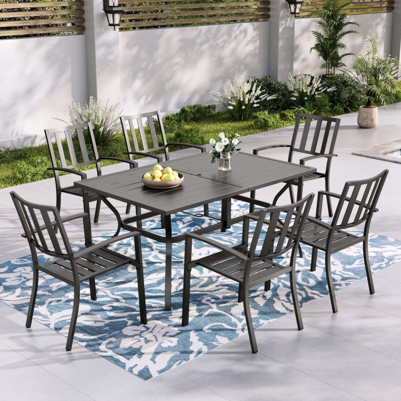 Sunshine Valley Birmingham 7-Piece Black Patio Dining Set Steel Rectangle Table with 6 Stackable Stationary Chairs