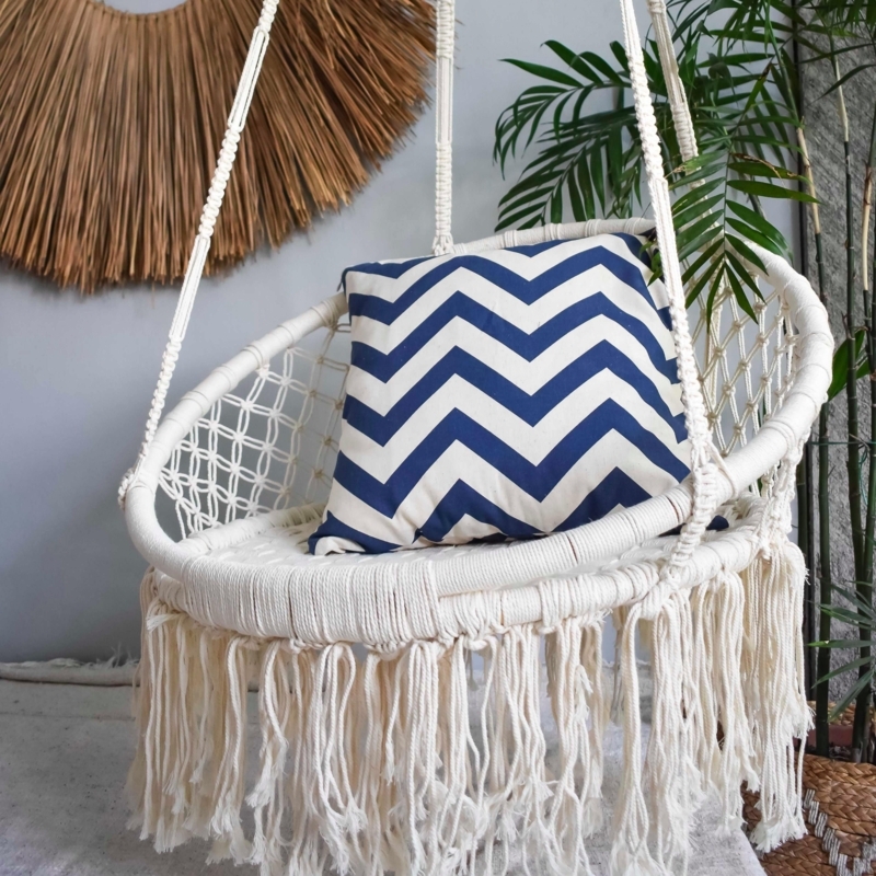 Swing Chair Cream Woven Rope Macrame Weave Fringe Tassels Circular Seat