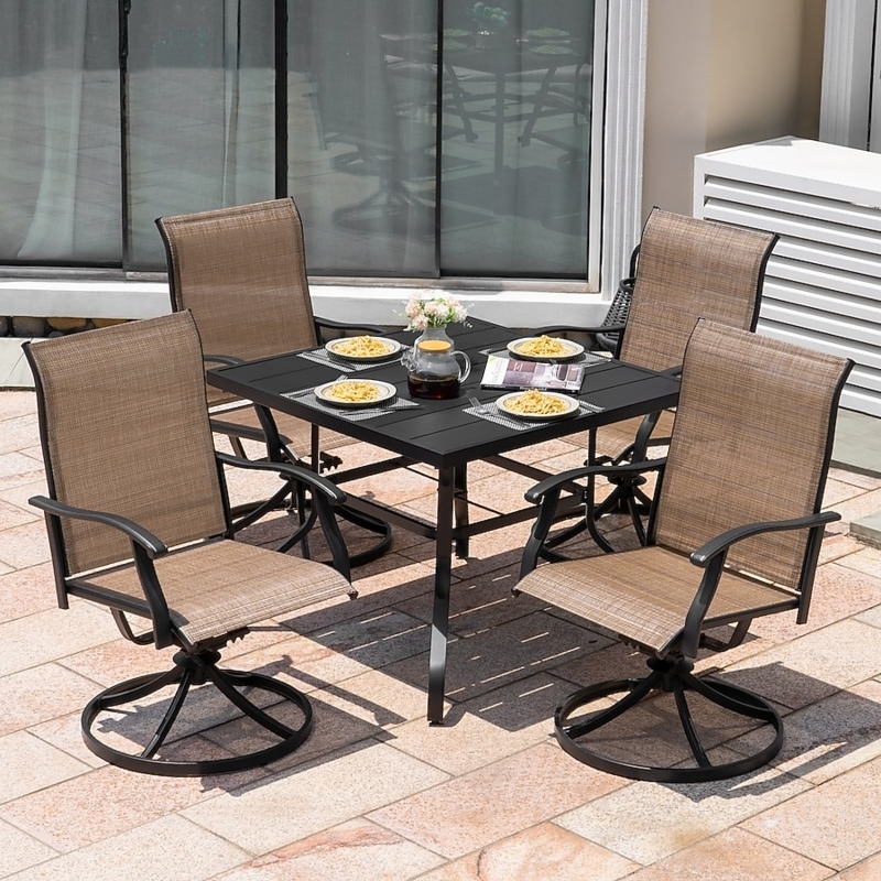 Swivel Chair Outdoor Dining Set: Charcoal Metal, Mesh, Square Table.