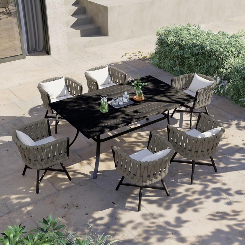 Swivel Chair Outdoor Dining Set with Grey Rope & Faux Woodgrain Table