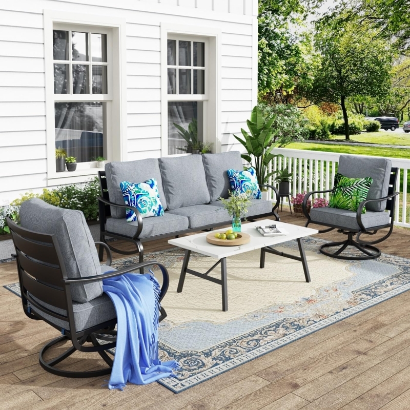 Swivel Chair Patio Conversation Set with Slat Top Metal Table
