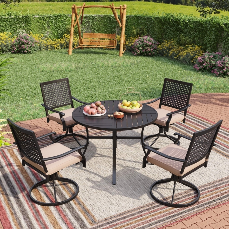 Swivel Chair Patio Dining Set: Metal Slatted Round Table.