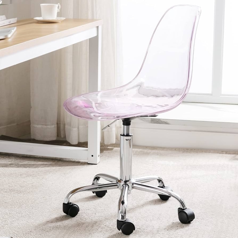 Swivel Desk Chair in Translucent Pink Acrylic with Chrome Rolling Base