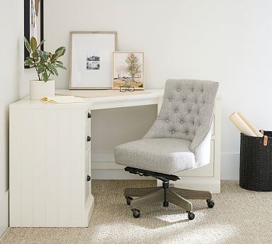 Swivel Desk Chair: Moss Green Slub Weave Tufted with Gray Wash Base