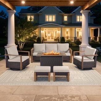 Swivel Glider Patio Conversation Set with Fire Pit Table Brown Rattan