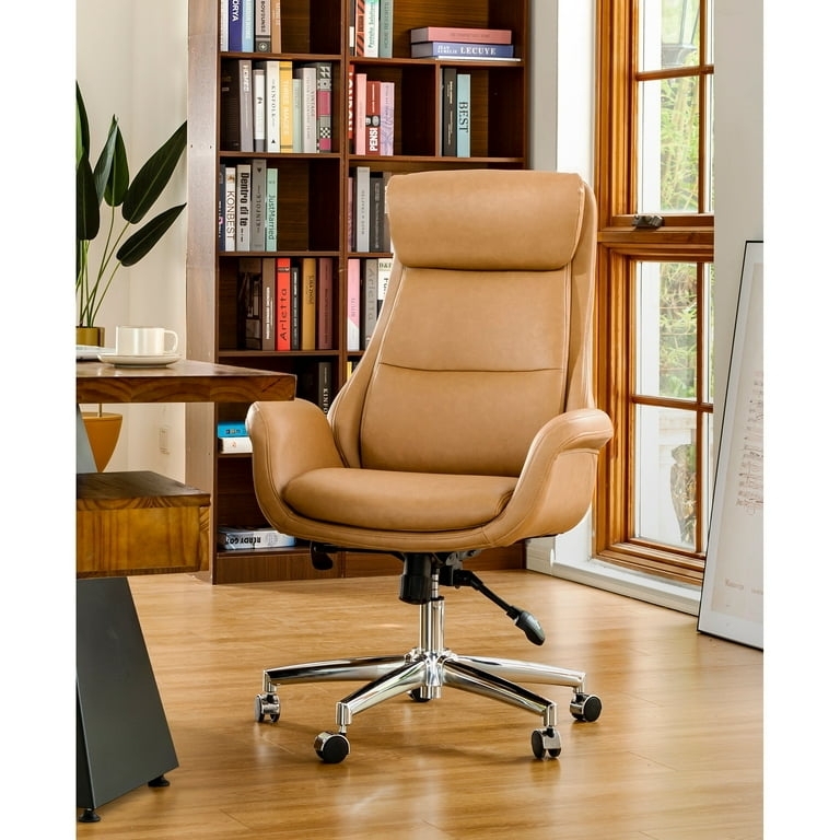Swivel Office Chair Camel Leather-Like Button Tufted Bentwood Shell