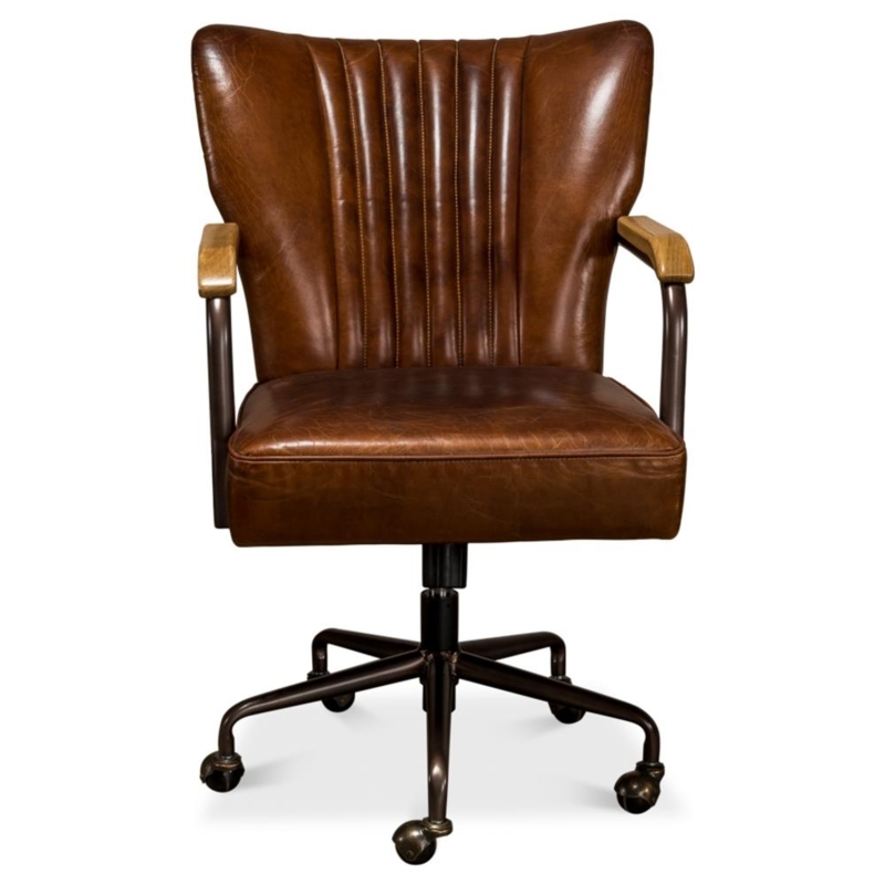 Swivel Office Chair Cognac Brown Leather-Like Brushed Metal Base