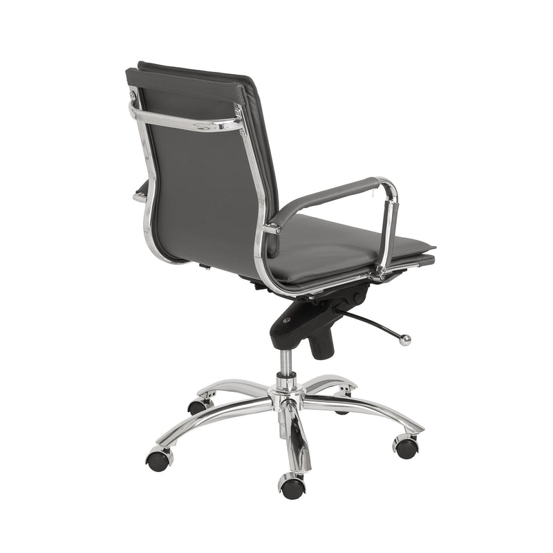 Swivel Office Chair with Low-Back, Grey Ribbed Leather-Like, Chrome Frame