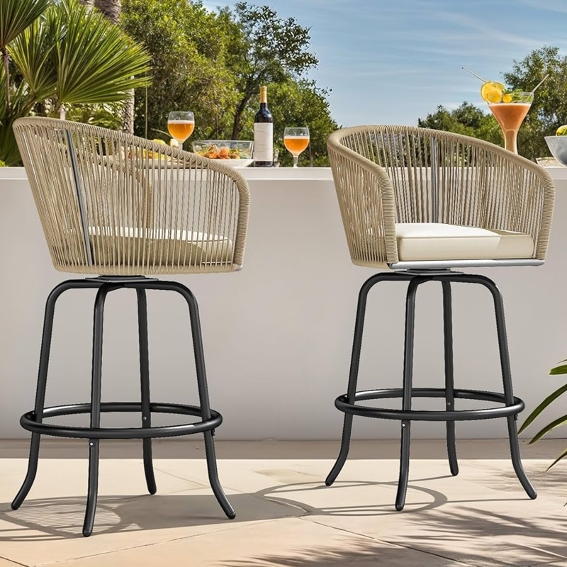 Swivel Outdoor Bar Stools Woven Rattan Pedestal Base Patio Seating