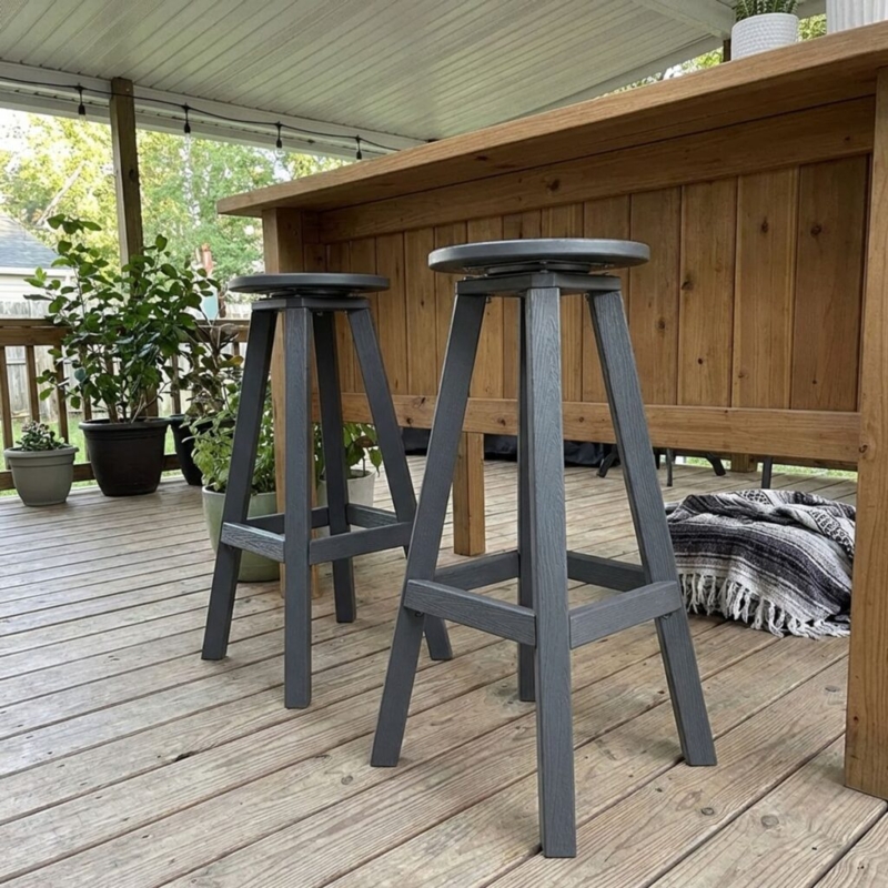 Swivel Patio Bar Stools, Slate Grey Poly Lumber, Slat Back Design
