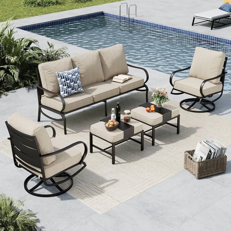 Swivel Patio Furniture Set Slatted Wrought Iron Look Beige Cushions