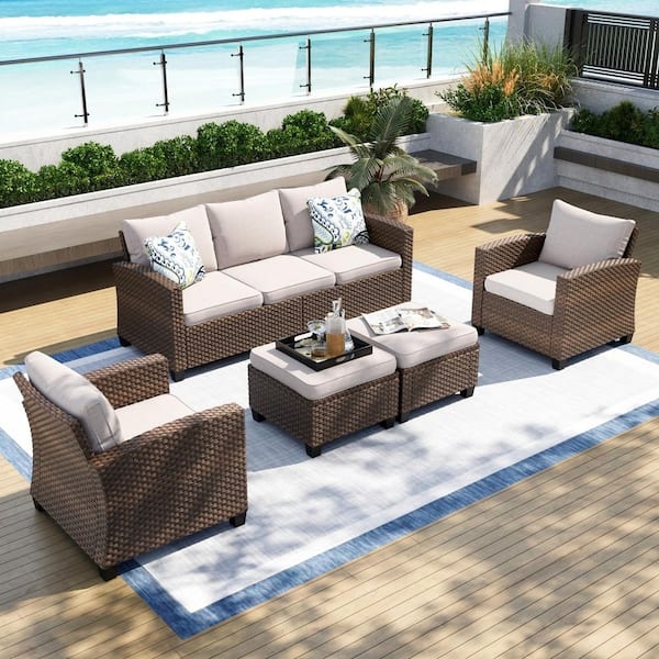 Swivel Rocker Patio Set Brown Wicker with Ottomans Deck Furniture
