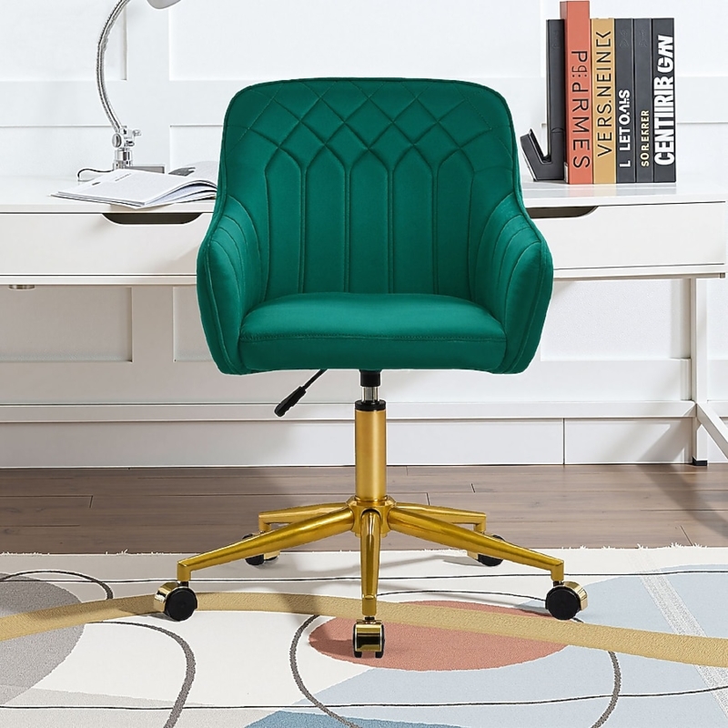 Swivel Task Chair Emerald Green Velvet Shell Shaped Back Polished Chrome