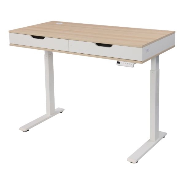 T-Leg Electric Standing Desk with White and Wood Finish