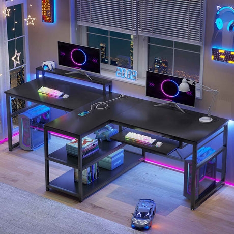 T-Shaped Desk Black and Red Gaming Desk, Carbon Fiber Texture