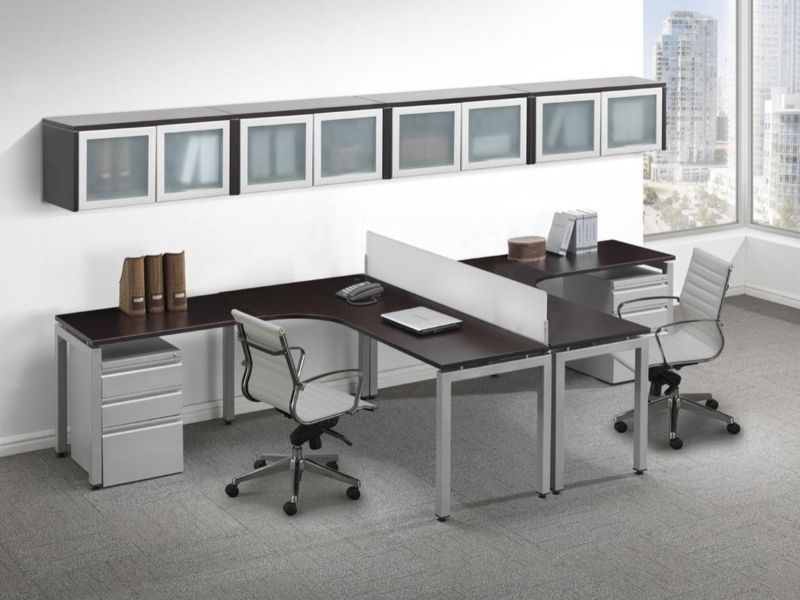 T-Shaped Desk Overhead Cabinets, Glass Doors, Cherry Wood Finish