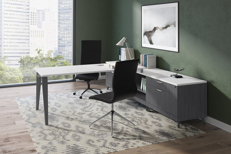T-Shaped Desk Professional Cherry Wood, Shared Pedestal Storage