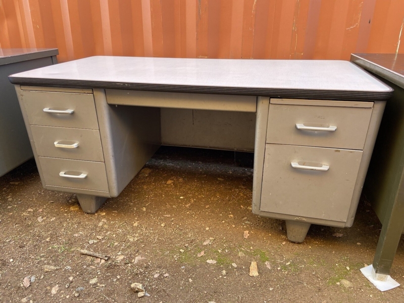 Tanker Desk Grayish Silver, Six Drawers, Vintage Industrial Steel Desk