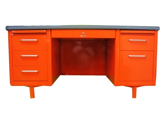 Tanker Desk Vibrant Orange Finish Refurbished Steel Bold Vintage