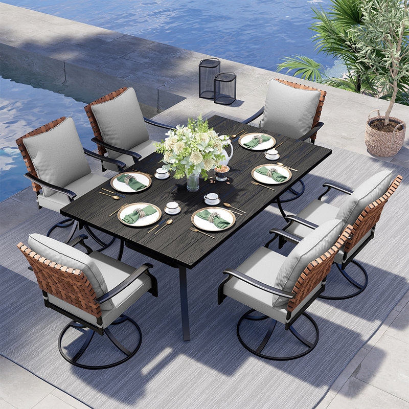 Tansi All Steel Detachable Main Dining Set of Seven Pieces with Rectangular Dining Table and Cushion Wildon Home