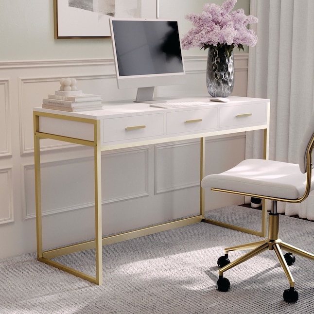 Tapered Leg Computer Desk with Gold Caps and Two Drawers