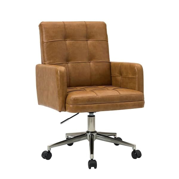 Task Chair Camel Upholstery Button Tufted Swivel Armless Mid-Century