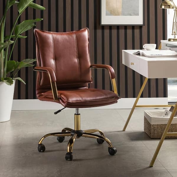 Task Chair Diamond Tufted Back Gold Base Brown Upholstery Glam Style