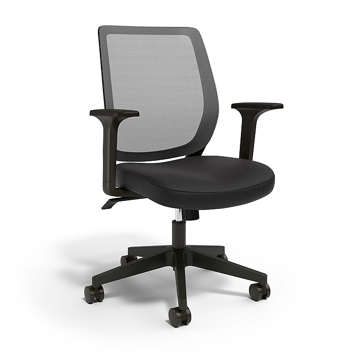 Task Chair Fixed Loop Armrests Upholstered Fabric Curved Back Matte Black