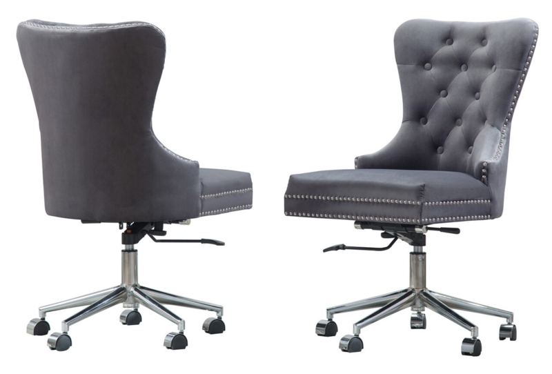 Task Chair in Dark Grey Velvet, Diamond Tufting, Polished Chrome Base