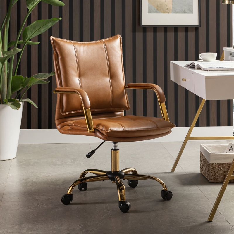 Task Chair in Pebbled Faux Leather with Padded Arms and Ribbed Stitching