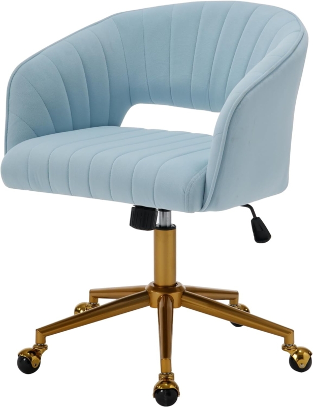 Task Chair Light Blue Velvet Vertical Ribbing Polished Chrome Base Armless