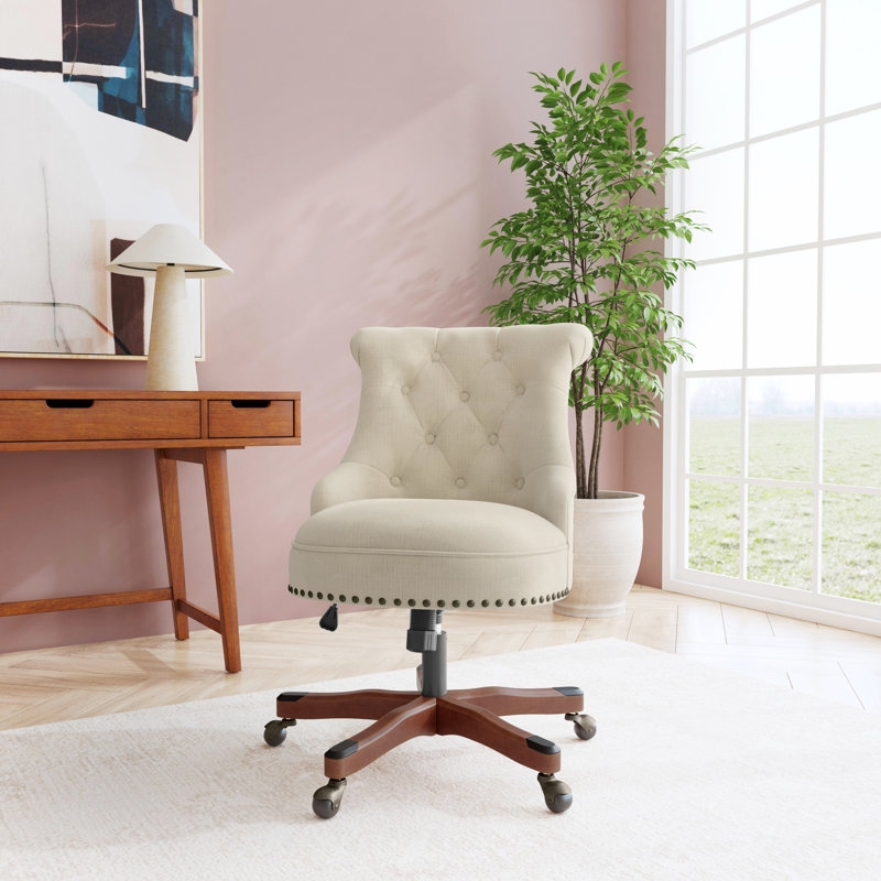 Task Chair: Transitional Swivel Desk Chair, Nailhead Trim & Sloped Arms.
