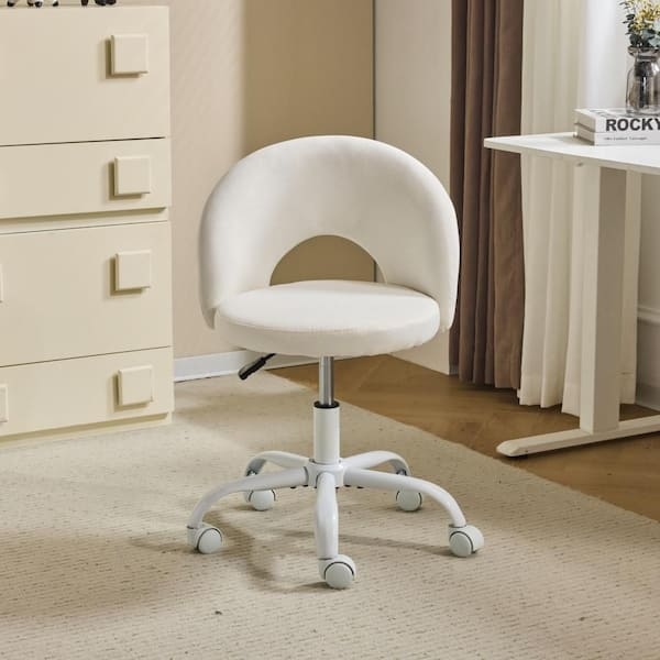 Task Chair White Linen Armless Vertical Backrest Seam Chrome Base
