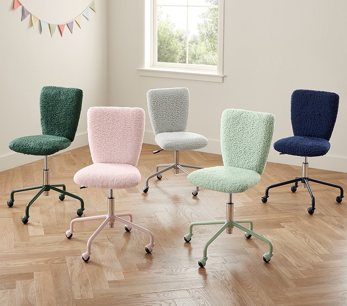 Task Chair White Sherpa Upholstery Light Wood Base Cozy