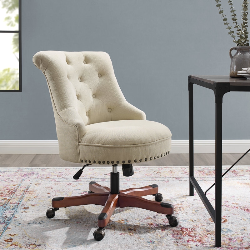 Task Chair with Nailhead Trim and Polished Chrome Base Beige Fabric