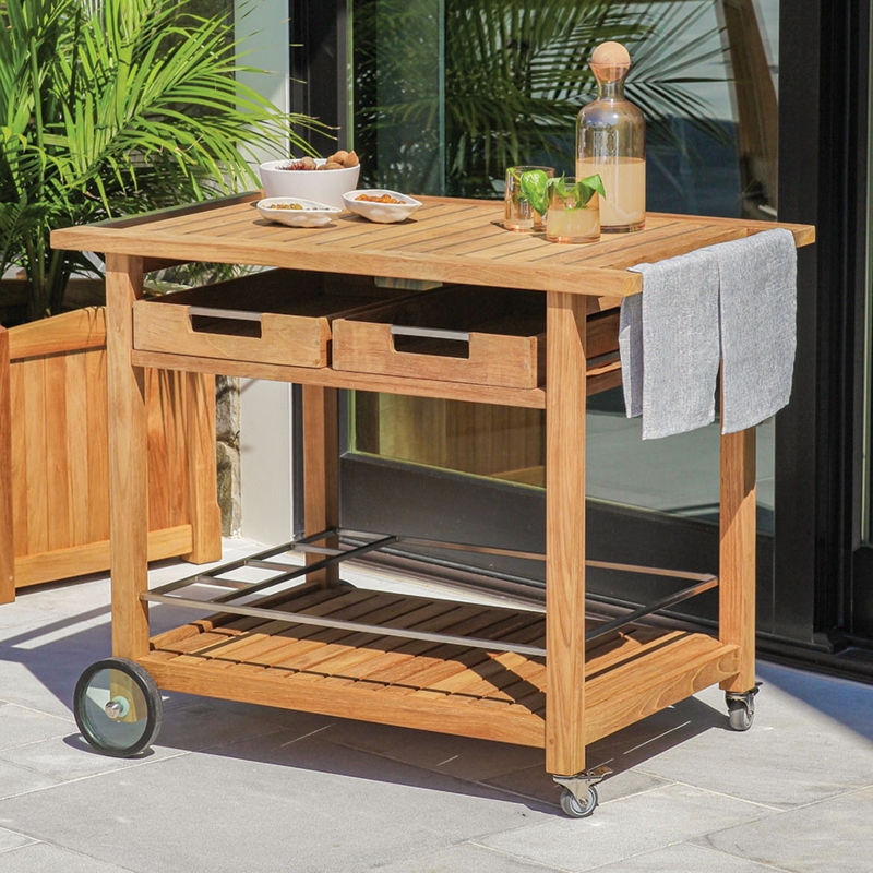 Teak Outdoor Bar Cart with Oversized Front Wheels and Slatted Lower Tier