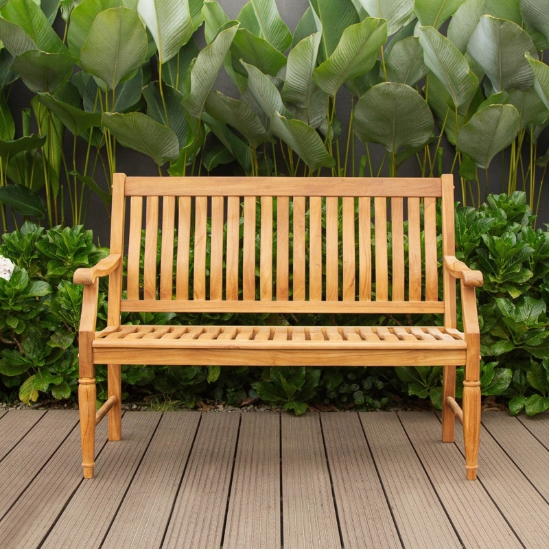 Teak Outdoor Bench with Vertical Slats and Lumbar Pillow for Garden