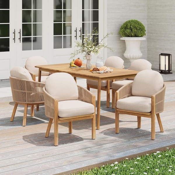 Teak Toned Dining Set Rope Weave Backs Curved Silhouette