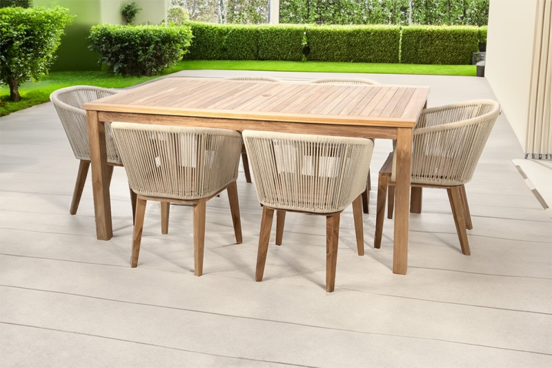 Teak Wood Outdoor Dining Set, Vertical Rope Weave & Rectangular Table