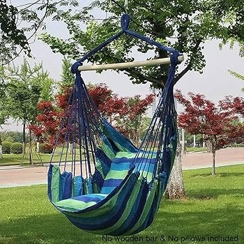 Teal Woven Rope Hammock Chair with Macrame Fringe on Circular Frame