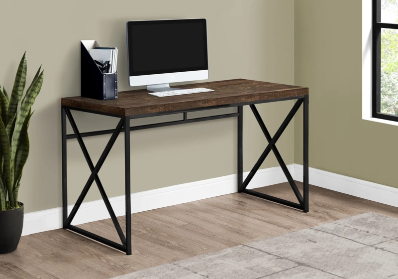 Thick Wood Top Writing Desk with Black Metal X-Frame Base