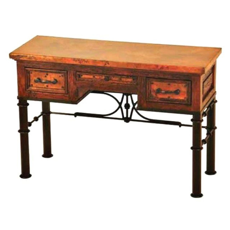 Three Drawer Home Office Desk, Distressed Wood Top, Wrought Iron X-Base