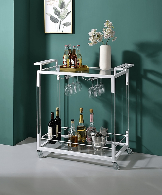 Three-Tier Gold Bar Cart with White Shelves and Casters