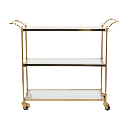 Traditional Brass Bar Cart with Curved Handles and Two Glass Tiers